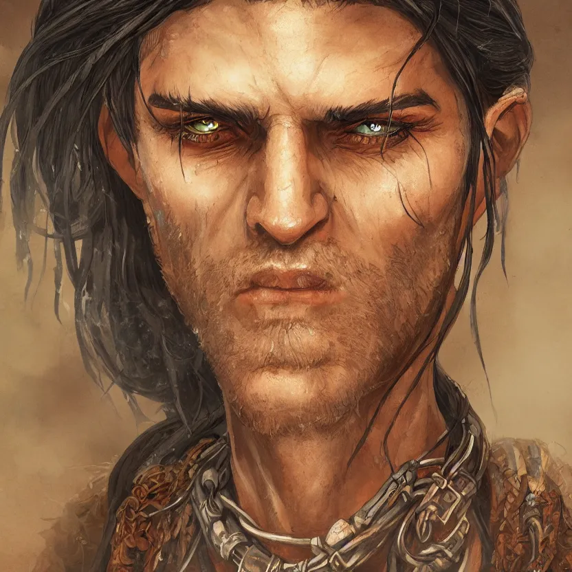 Image similar to an close up oil drawing of a gipsy tiefling in style of witcher, a character portrait by muggur, disco elysium character, featured on deviantart, fantasy art, concept art, official art, hd mod