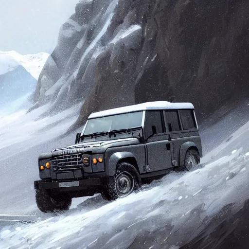 Image similar to a landrover crossing the alps while its snowing, digital art, artstation, photgraphy, highly detailed, digital painting, artstation, concept art, sharp focus, illustration, art by greg rutkowski and artgerm