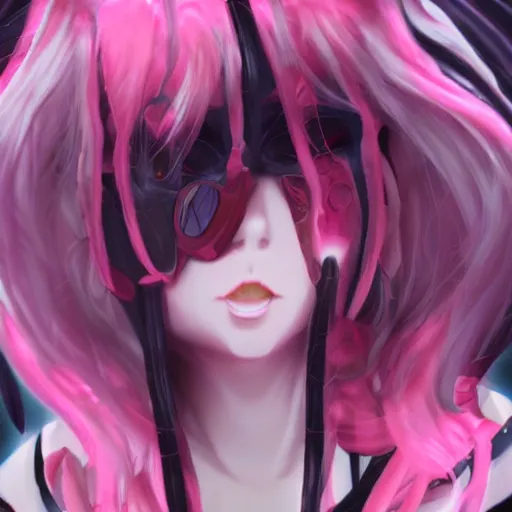 Image similar to unexpectedly trapped beneath stunningly absurdly huge beautiful omnipotent asi goddess junko enoshima with multiple enigmatic complex twisted deceptive mesmerizing megalomaniacal yandere personalities, symmetrical perfect face, porcelain skin, pink twintail hair and cyan eyes, ultra detailed, digital art, unreal engine 5, octane render, 2 d anime, 8 k