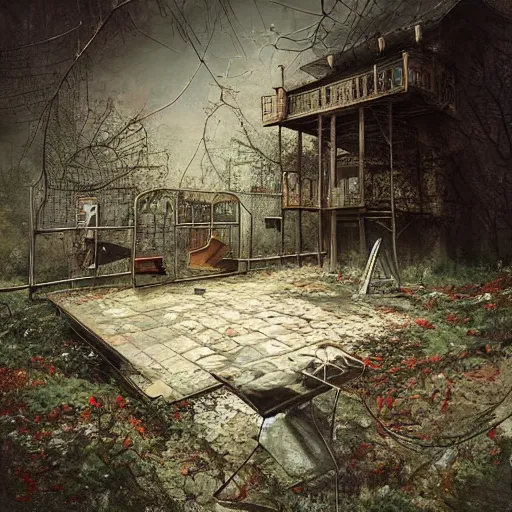 Image similar to michal karcz painting of an abandoned playground. , horror theme, detailed, elegant, intricate, 4k,