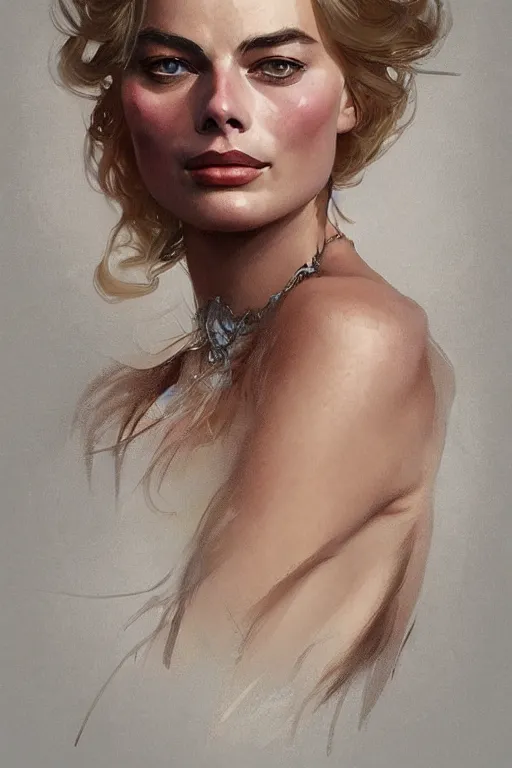 Image similar to A full portrait of Margot Robbie, intricate, elegant, highly detailed, digital painting, artstation, concept art, smooth, sharp focus, illustration, art by Krenz Cushart and Artem Demura and alphonse mucha