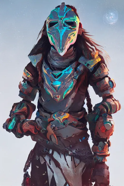 Image similar to combination suit armor aloy horizon forbidden west horizon zero dawn radiating a glowing aura global illumination ray tracing hdr fanart arstation by ian pesty and alena aenami artworks in 4 k tribal robot ninja mask helmet backpack