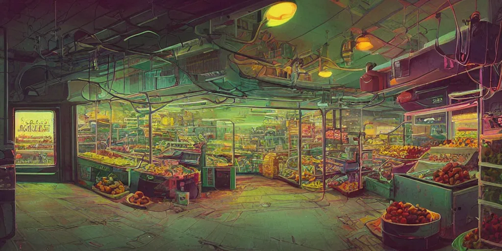 Image similar to fruit store, 1 9 8 0, retrofuturism, cluttered, wires everywhere, window, at night, dramatic lighting, alien technology, detailed by simon stalenhag