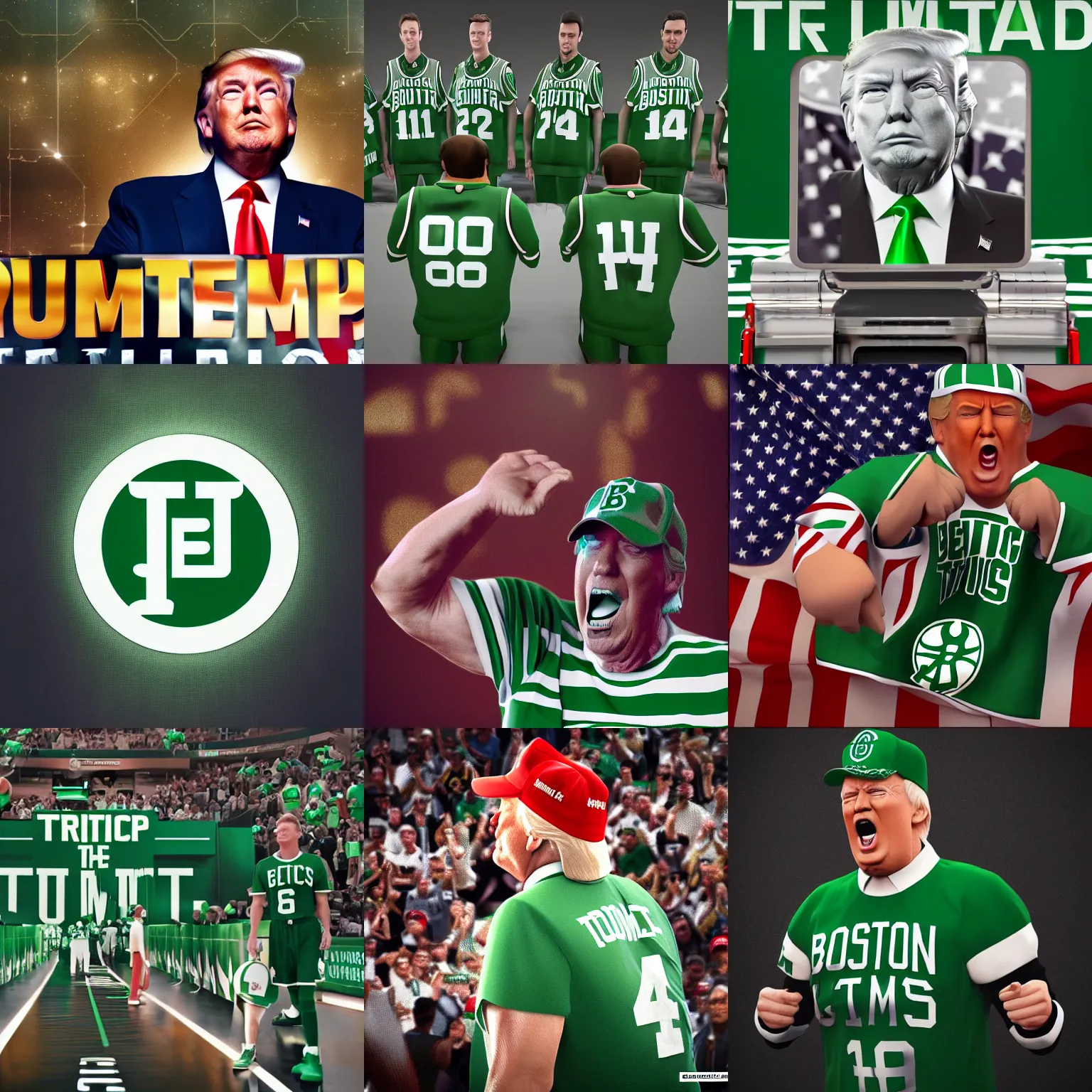 Prompt: Donald Trump on the Boston Celtics, Digital Art, Trending on artstation, octane render