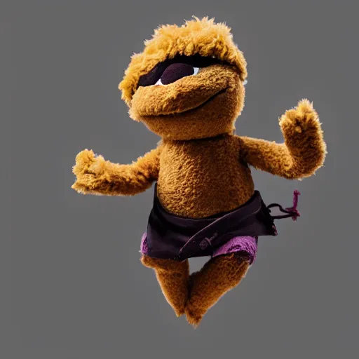 Image similar to a little brown karate loving ninja bunny that is a muppet wearing cool ninja clothes and practicing her karate out in nature, photorealistic, photography, ambient occlusion, rtx, national geographic, sesame street