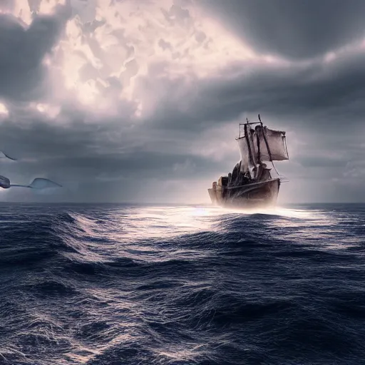 Image similar to a ship sinking in the ocean with poseidon watching, concept art, moody, god rays, atmospheric, 8 k render