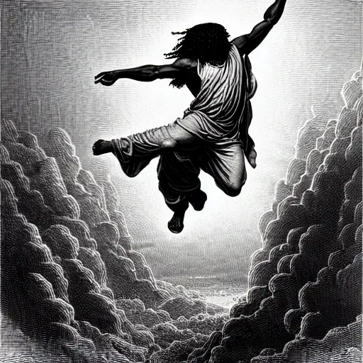 Image similar to cheef keef ascending into heaven holding stacks of cash, biblical image, style of gustave dore, highly detailed, beautiful, high contrast, black and white