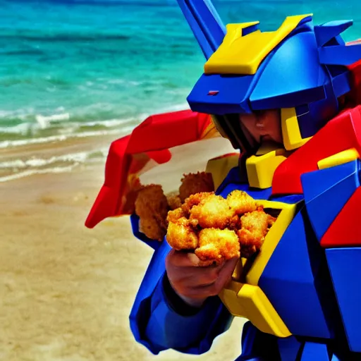 Prompt: gundam eating chicken nuggets at the beach
