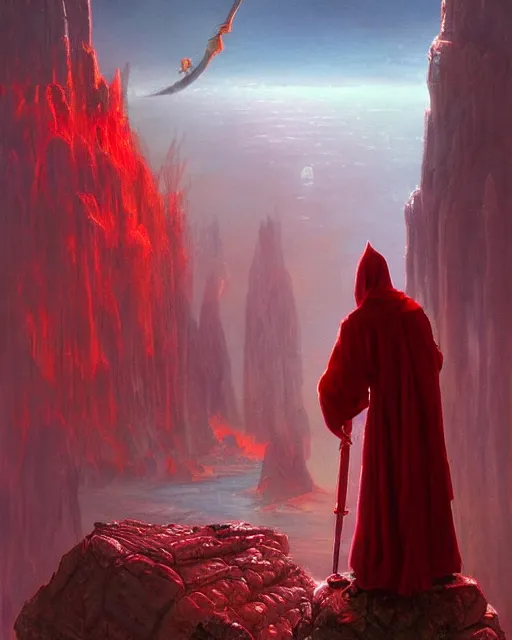 Prompt: a fantasy painting with a wizard in red robes in the foreground of a surreal environment by greg rutkowski and michael whelan