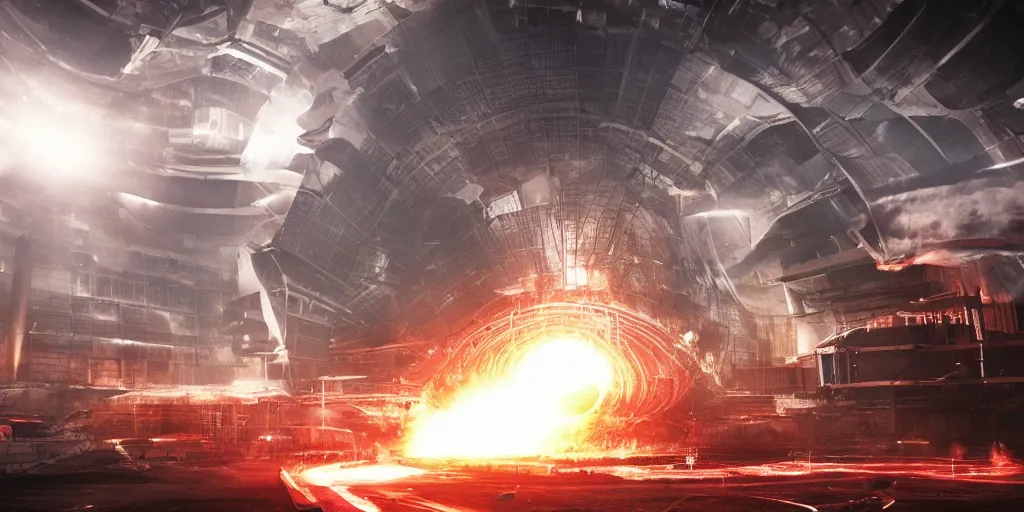 Prompt: massive awesome spinning electrical tesla generator spinning fast in an apocalyptic megastructure, gigawatt electrical sparks, octane render, smoke, debris, dust