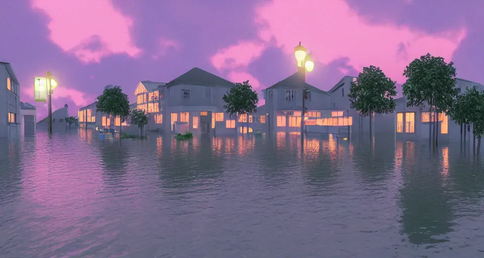 Image similar to a poignant 80s vaporwave outrun 3d Render of a german town being flooded at dusk, soft lighting, hazy atmosphere, retro, nostalgic melancholy, grainy, noisy