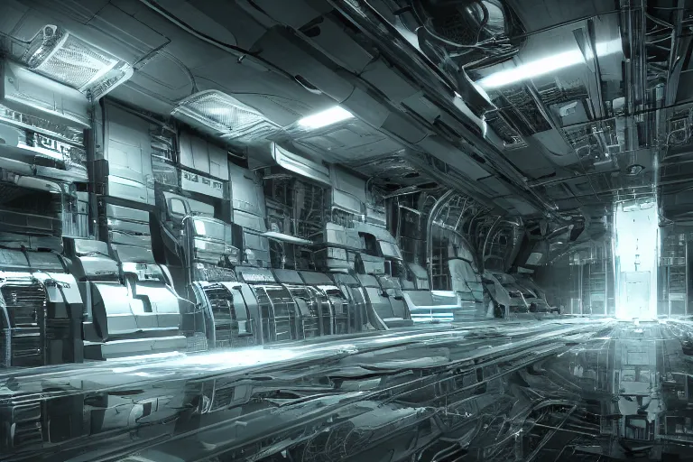 Image similar to parallax datacenter server room interior single mono colossus white rusty android guest robosaurus pacing artstation cinematic detailed concept art volumetric light sharp coherent cgsociety symmetric perfect well balanced shadows lotr hardware