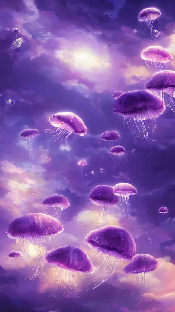 Prompt: A ultradetailed beautiful panting of a beautiful group of purple jellyfish flying peacefully in a heavenly sky, peaceful, relaxing, oil panting, high resolution 4K, by Ilya Kuvshinov, Greg Rutkowski and Makoto Shinkai