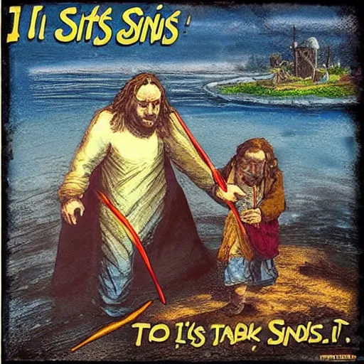 Prompt: i'm gonna take the sins of my father i'm gonna take the sins of my mother i'm gonna take the sins of my brother down to the pond, artistic rendition