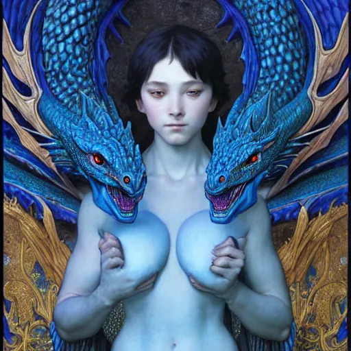 Image similar to closeup of a medieval fantasy blue dragon with electrcity magic, fantasy, d & d, high details, art by ( ( ( kuvshinov ilya ) ) ) and wayne barlowe and gustav klimt and artgerm and wlop and william - adolphe bouguereau