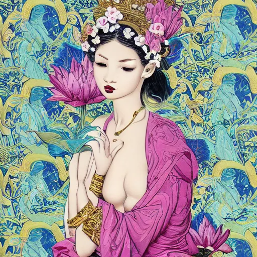 Prompt: Gilded lotus princess, ivy, oriental wallpaper, 💐james jean