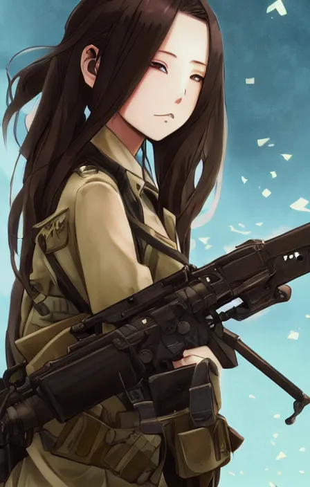 Prompt: infantry girl, anime style, long hair, hair down, symmetrical facial features, from girls frontline, hyper realistic, pale skin, 4 k, rule of thirds, extreme detail, detailed drawing, trending artstation, hd, smoke explosion, trading card, by alphonse mucha, greg rutkowski, sharp focus, backlit