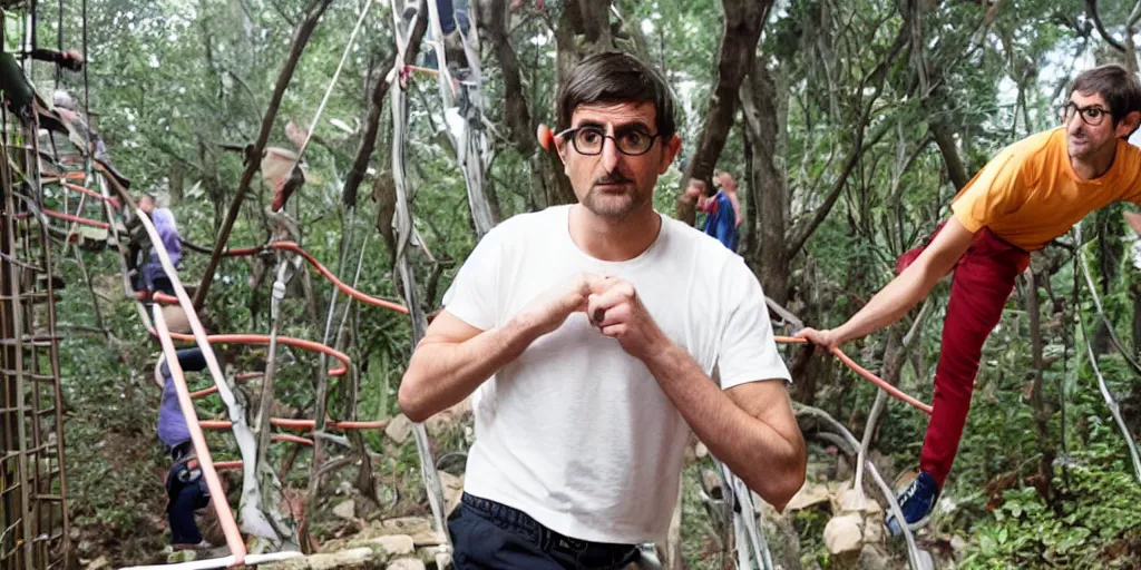 Prompt: Louis Theroux climbing through things, big playground, mike tyson, ufos, tiger king, interview