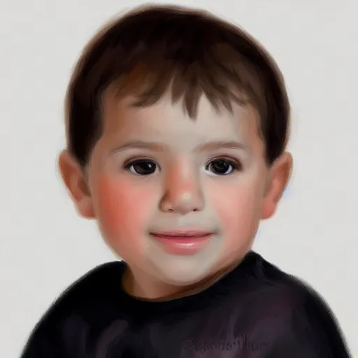 Prompt: a digital portrait of a 3 year old with black hair,hazel green eyes, drawn in the style of mark Arian