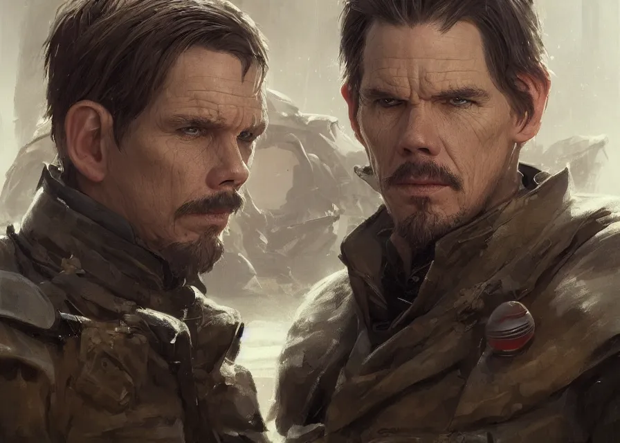 Image similar to painting portrait of Ethan Hawke dressed as general in Star Wars, sharp focus, waist up, trending on ArtStation, masterpiece, by Greg Rutkowski, by Ross Tran, by Fenghua Zhong, octane, clear eyes, soft render, clear facial features, oil on canvas, moody lighting, cinematic, professional environment concept art