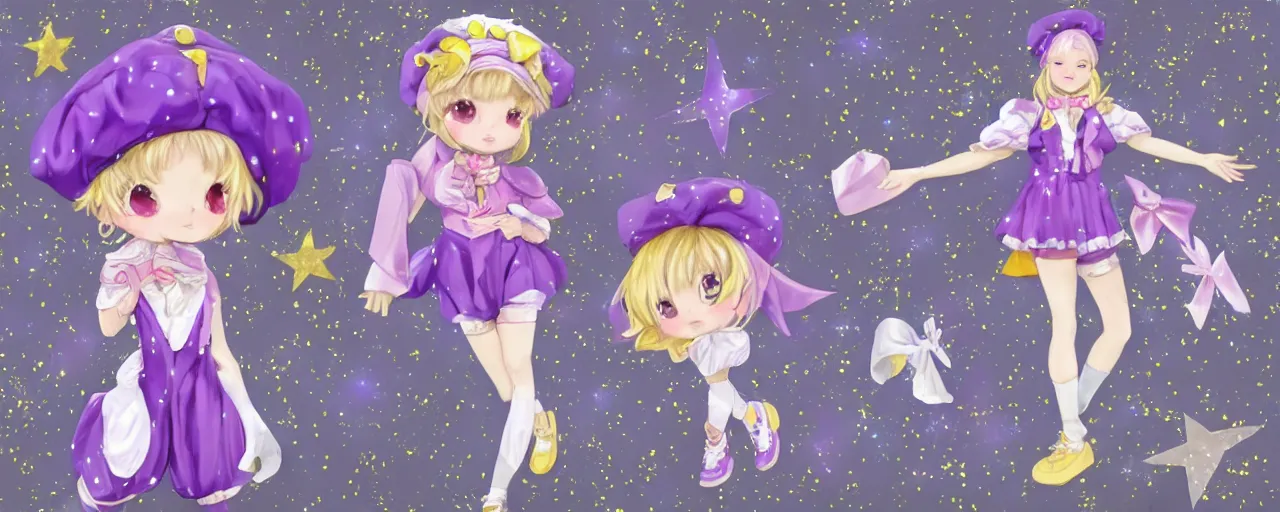 Image similar to A character sheet of full body cute magical girls with short blond hair wearing an oversized purple Beret, Baggy Purple overall shorts, Short Puffy pants made of silk, pointy jester shoes, a big billowy scarf, Golden Ribbon, and white leggings Covered in stars. Short Hair. Sunlit. Haute Couture. Baby the stars shine bright dress. Art by william-adolphe bouguereau and Paul Delaroche and Alexandre Cabanel and Lawrence Alma-Tadema. Smooth. Elegant. Highly Detailed. Intricate. 4K. UHD. Denoise.