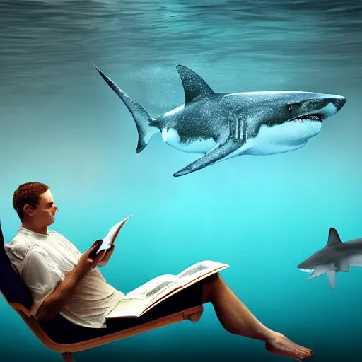 Image similar to a shark sitting in a chair reading a book underwater realistic hdr 8 k 3 5 mm