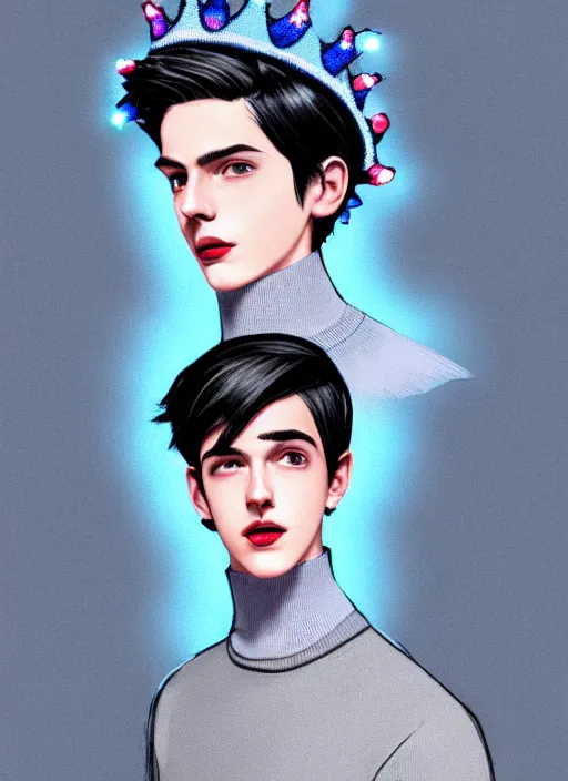 Image similar to portrait of teenage jughead jones wearing a light grey crown, crown, blue turtleneck, 1 9 5 0 s, closed eyes, photorealistic, black hair, glowing lighting, intricate, elegant, glowing lights, highly detailed, digital painting, artstation, concept art, smooth, sharp focus, illustration, art by wlop, mars ravelo and greg rutkowski