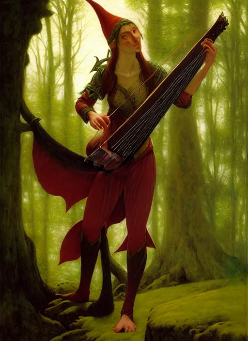 Image similar to forest elf bard playing lute, full body, hyper realistic, extremely detailed, dnd character art portrait, dark fantasy art, intricate fantasy painting, dramatic lighting, vivid colors, deviantart, artstation, by edgar maxence and caravaggio and michael whelan and delacroix.