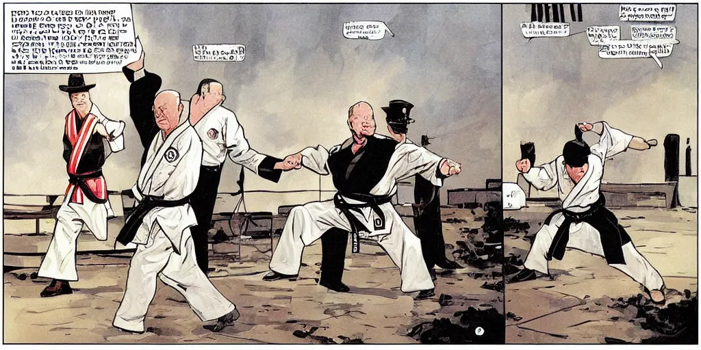 Prompt: Winston Churchill teaching Eisenhower karate. Epic painting by James Gurney and Laurie Greasley.