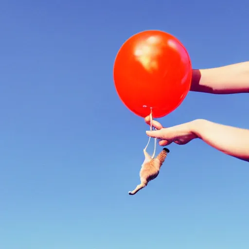 Image similar to a domestic house cat clinging onto the bottom of a string tied to a balloon in the blue sky