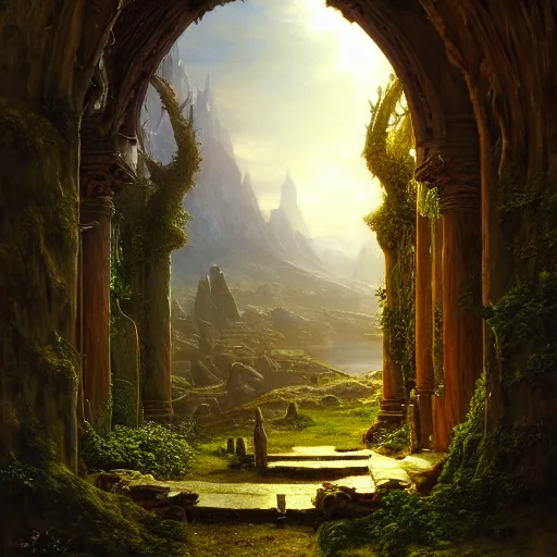 Image similar to a beautiful and highly detailed matte painting of an ancient elven doorway to avalon, epic scale, insanely complex, hyperdetailed, sharp focus, hyperrealism, artstation, cgsociety, 8 k, by caspar friedrich, albert bierstadt, james gurney, brian froud,