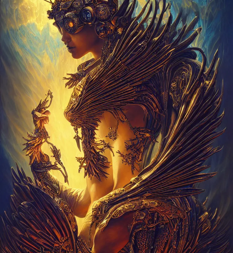 Prompt: a beautiful tarot card artwork of a cyberpunk dark fallen seraphim, backlit, horror, gloomy, highly detailed, golden hour, digital painting, by karol bak and justin gerard and dan mumford and artgerm, vivid colors, masterpiece, detailed shading, 8 k resolution, intricate, smooth