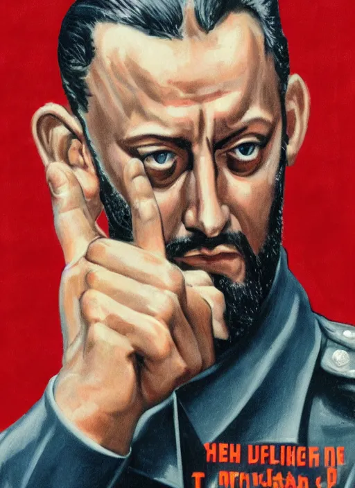 Image similar to Portrait Jean Reno gesture,look of hate, threatening pose, 1940s propaganda poster, full hd,highly detailed