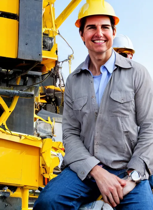 Image similar to closeup portrait of cheerful tom cruise as a crane operator, yellow hardhat, sitting in a crane, natural light, bloom, detailed face, magazine, press, photo, steve mccurry, david lazar, canon, nikon, focus