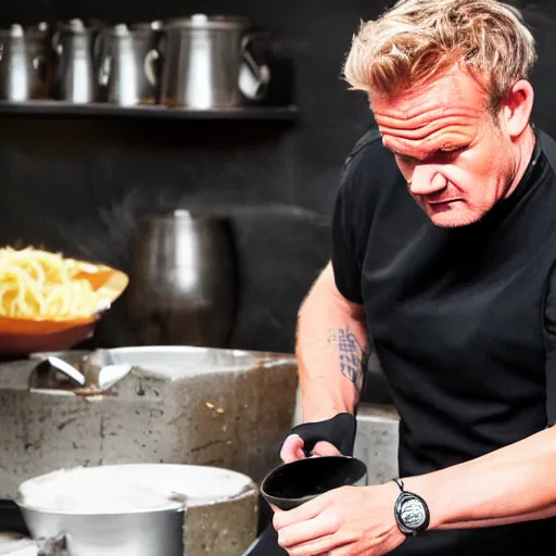 Image similar to <photo hd>Gordon Ramsey yells while eating spaghetti with his hands</photo>