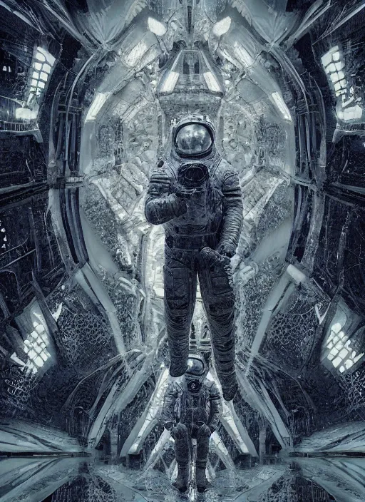 Prompt: symmetry concept art by craig mullins astronaut in futuristic dark and empty spaceship underwater. infrared glowing lights. complex and hyperdetailed technical suit. mandelbulb fractal. reflection and dispersion materials. rays and dispersion of light. volumetric light. 5 0 mm, f / 3 2. noise film photo. flash photography. unreal engine 4, octane render. interstellar movie art