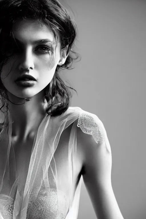 Prompt: emotionnal shot. fragile shy woman with sheer dress with plunging neckline and lace sleeves. award-winning fashion photography. intimate and vulnerable lighting. 130mm bw fashion photography .