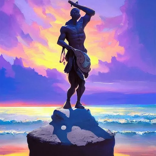 Prompt: colorful peter mohrbacher and andreas rocha impasto!! acrylic painting of a marble statue of a warrior on the shore of a beach with a spectacular sunset overhead. trending on artstation