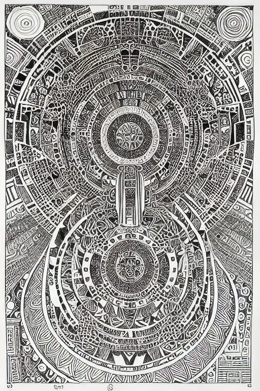 Image similar to a black and white drawing of an ancient temple mandala, a detailed mixed media collage by hiroki tsukuda and eduardo paolozzi and moebius, intricate linework, sketchbook psychedelic doodle comic drawing, geometric, street art, polycount, deconstructivism, matte drawing, academic art, constructivism