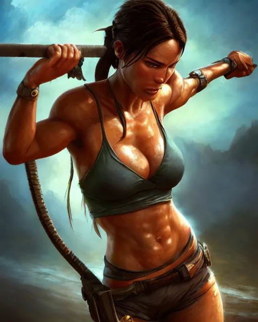 Image similar to lara croft, perfect face, bikini, abs, cinematic, stunning, athletic, strong, agile, highly detailed, beach, psychedelic, digital painting, artstation, smooth, hard focus, illustration, art by jessica rossier and and brian froud