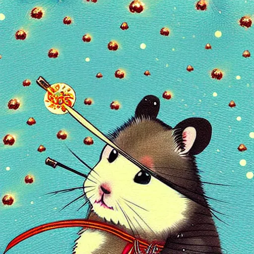 Image similar to japanese hamster samurai. with long sword. anime art. painting. rain of meteors on background