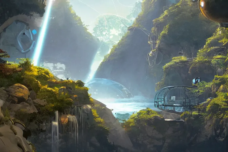 Prompt: A hydroelectric sanctuary with mechanical paths winding down a cliffside, portal 2 screenshot, outer wilds screenshot, satisfactory screenshot, digital art, artstationhq, by Jordan Grimmer and Victor Mosquera