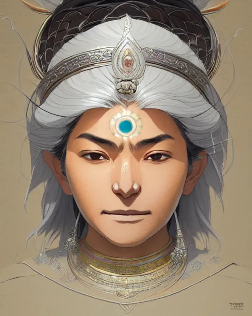 Image similar to himalayan woman, mage, with silver hair, detailed perfect face, exquisite details, fire magic, mid view, design on a white background, by studio muti, greg rutkowski makoto shinkai takashi takeuchi studio ghibli