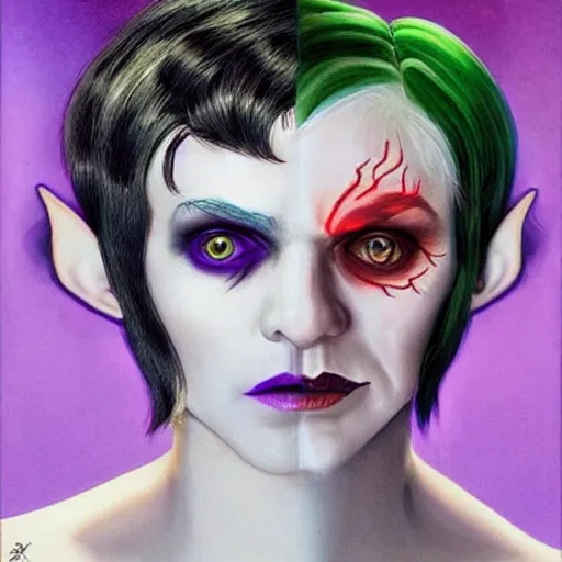 Image similar to a frightening, beautiful elf with violet skin, a scarred face, a bob haircut, and bushy eyebrows, smirking, in the style of jason edmiston