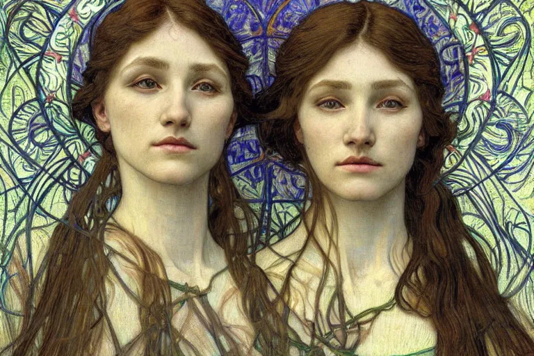 Image similar to detailed realistic beautiful young medieval queen face portrait by jean delville, alphonse mucha, vincent van gogh, and marco mazzoni, art nouveau, symbolist, visionary, gothic, pre - raphaelite