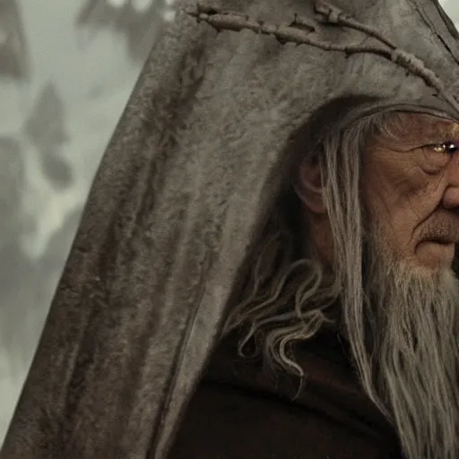 Image similar to distant landscape photo of the evil ian mckellen as gandalf in a dark viking hood playing odin all father from the thor movie crafting a neural network with synapses on am anvil, highly detailed, cinematic shot, cinematic lighting, 8 k, exquisit facial detail