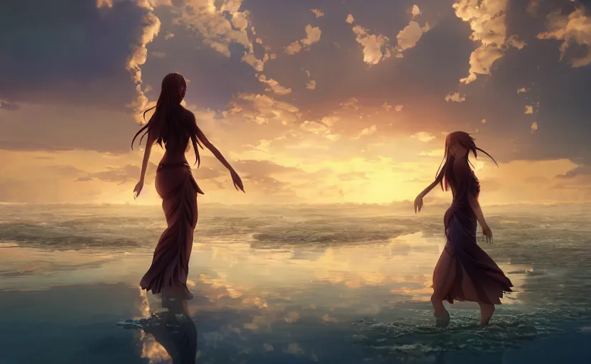 Prompt: 3d render of anime woman from thailand walking through shallow water, hair tied and braided loosely, mage gown, sunset, dramatic angle, magical, ethereal, dynamic pose, 8k hdr pixiv dslr photo by Makoto Shinkai ilya kuvshinov and Wojtek Fus, digital art, concept art, beautiful clouds