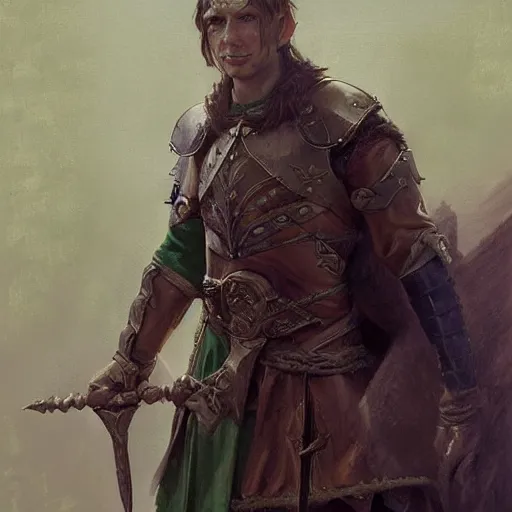 Prompt: medieval, attractive male half elf half orc, character design, armor, green skin, painting by greg rutkowski gaston bussiere, craig mullins, j. c. leyendecker, tom of finland