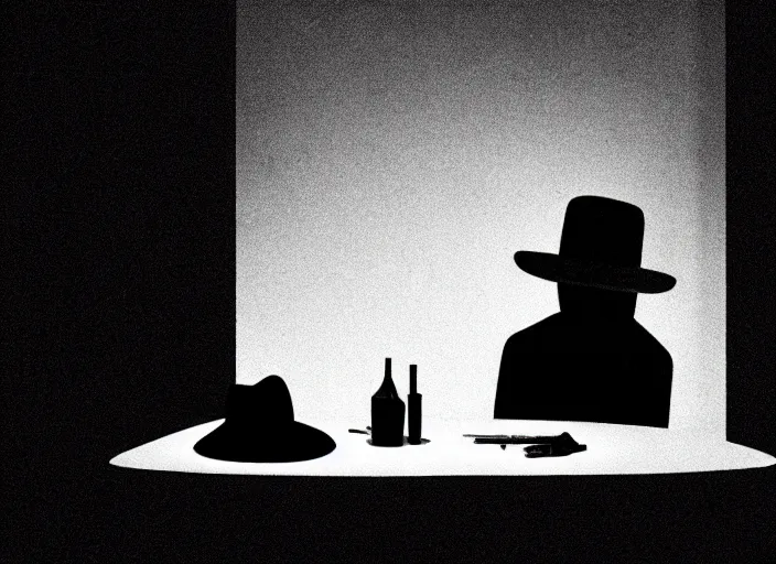 Image similar to (((detective in a hat interogating a suspect at a table))), colorful,bauhaus, Mads Berg, Karolis Strautniekas,small finely stippled light, dramatic lighting,fine texutre, editorial illustration, detailed, matte print, dynamic composition,moody, cinematic, film grain