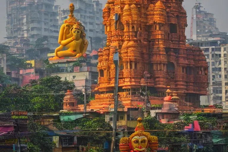 Image similar to dreamscape! mumbai with biomorphic hanuman!! head building, kalighat, sharp hyperrealistic cinematic smooth, stephen shore & john j. park, soft morning light, wide shot, high angle, uhd 8 k, deep focus